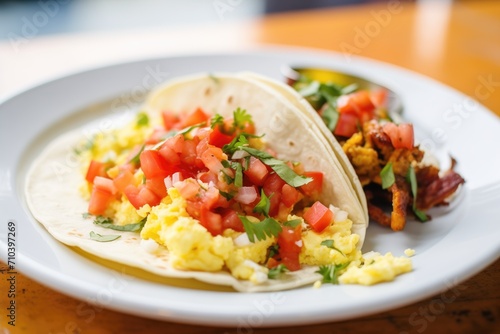 close-up of breakfast taco with scrambled eggs, salsa, and cheese