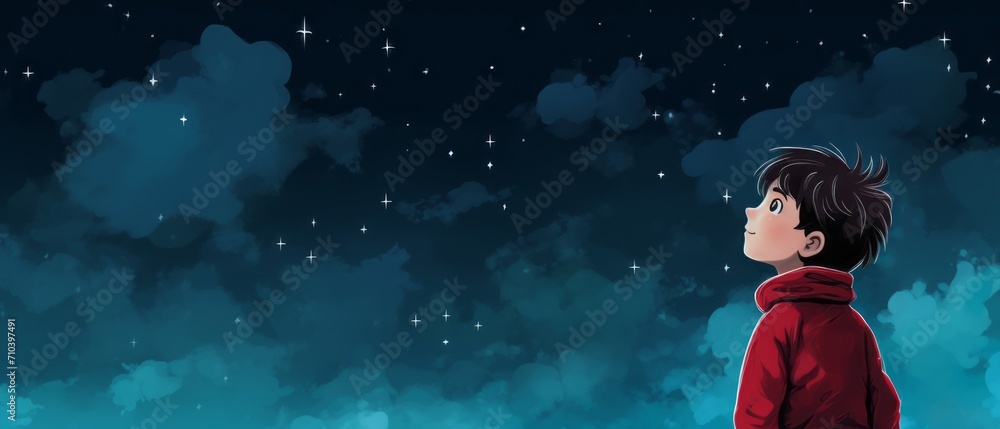 Enchanting night dreams: lonely boy in red jacket gazing at starry sky - illustration with copy space Enchanting night dreams: lonely boy in red jacket gazing at starry sky - illustration with copy space