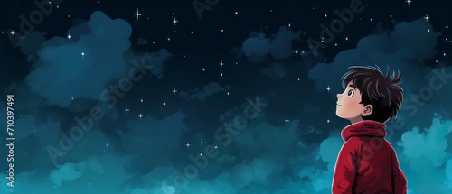 Enchanting night dreams: lonely boy in red jacket gazing at starry sky - illustration with copy space