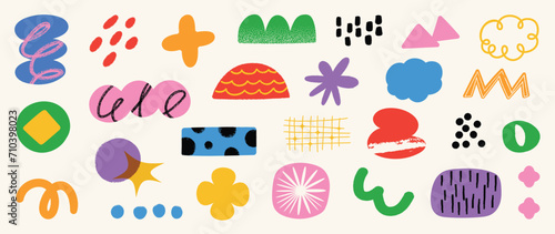 Set of abstract retro organic shapes vector. Collection of contemporary figure, cloud, flower, sparkle, mountain in funky groovy style. Cute hippie design element perfect for banner, print, stickers. #710398023