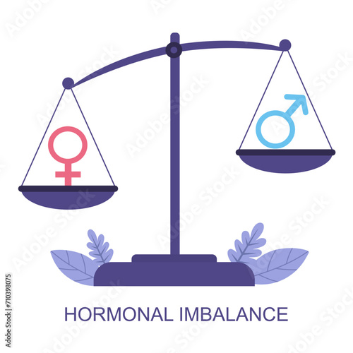 Hormonal imbalance concept vector. Female and male symbols on scales.