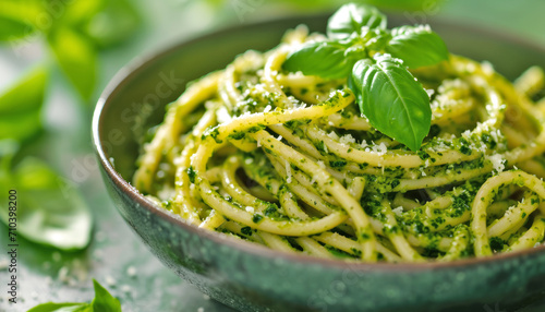 Green Pesto spaghetti garnished with fresh basil leaves on white plate, AI generated
