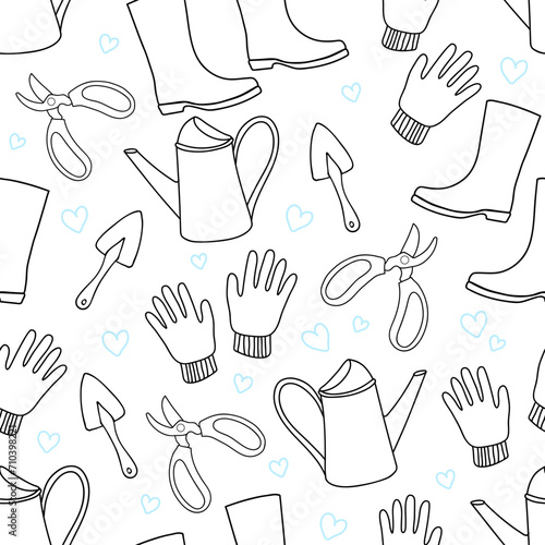 Seamless pattern gardening tools, gloves, rubber boots, harvesting, in doodle style