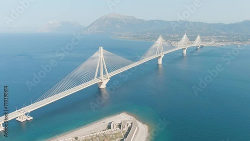 Patras, Greece. The Rio-Antirrio Bridge. Officially the Charilaos Trikoupis Bridge. Bridge over the Gulf of Corinth (Strait of Rion and Andirion), Aerial View, Point of interest photo