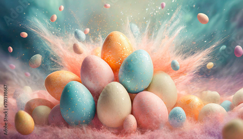 Easter eggs explosion pastel colored, peach colors