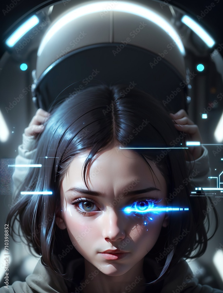 A girl wearing a futuristic helmet with a panel. The helmet has a circular design with light emanating from the edges and the top, giving it a sci-fi look. Two horizontal beams. Generative AI. A girl wearing a futuristic helmet with a panel. The helmet has a circular design with light emanating from the edges and the top, giving it a sci-fi look. Two horizontal beams. Generative AI.