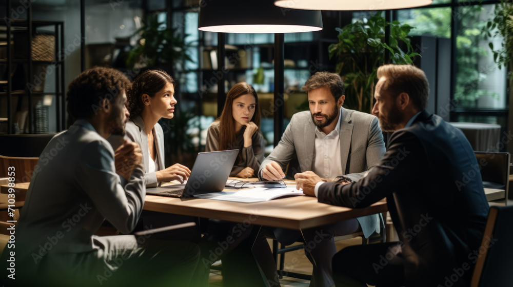 Different business people work together at a desk with papers and a laptop in a modern office, brainstorm, discuss, analyze and plan a new business strategy.