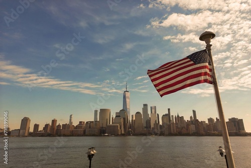 USA flag. Memorial Day, Veteran's Day, 4th of July. American Flag Waving near New York City, Manhattan view. Independence Day. Labor, Flag, Patriots, President Day.