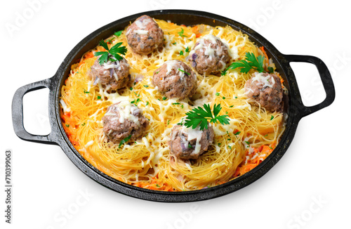 Pasta Nests with Meatballs and Tomato Sauce on White Background