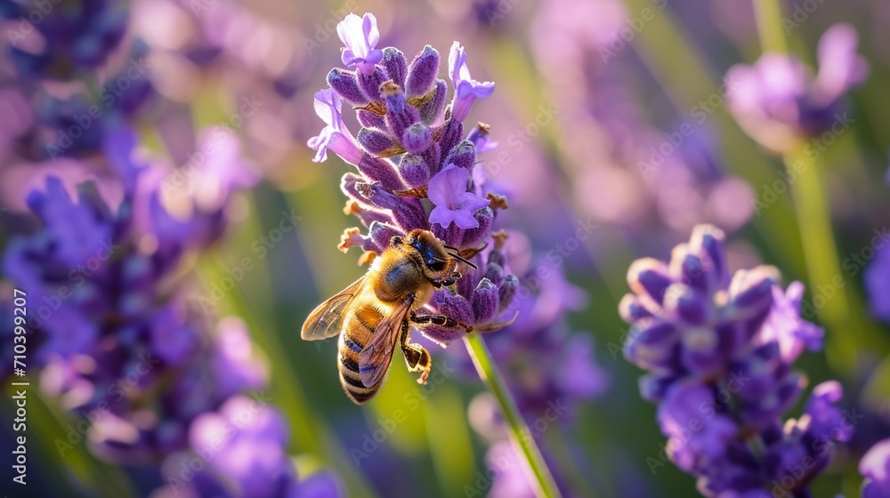 The soft hum of bees busy pollinating vibrant purple lavender bushes The soft hum of bees busy pollinating vibrant purple lavender bushes