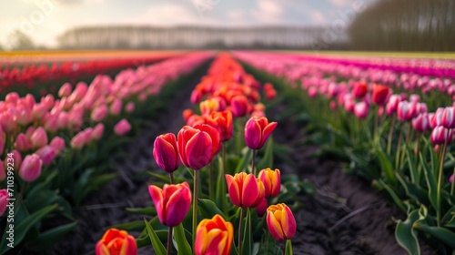 Vibrant tulip fields stretching as far as the eye can see