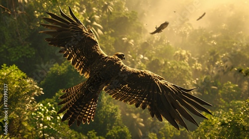 Graceful and majestic falcon soaring high above the jungle canopy © MagicS