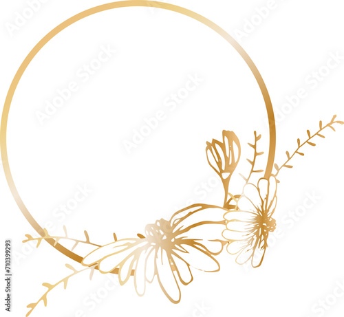 Golden flower wreath illustration on transparent background. 