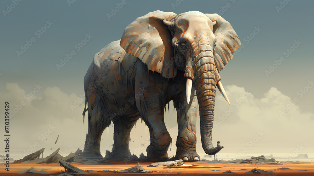 Fototapeta premium A long-tusked wild elephant stands majestically against a mountain background.