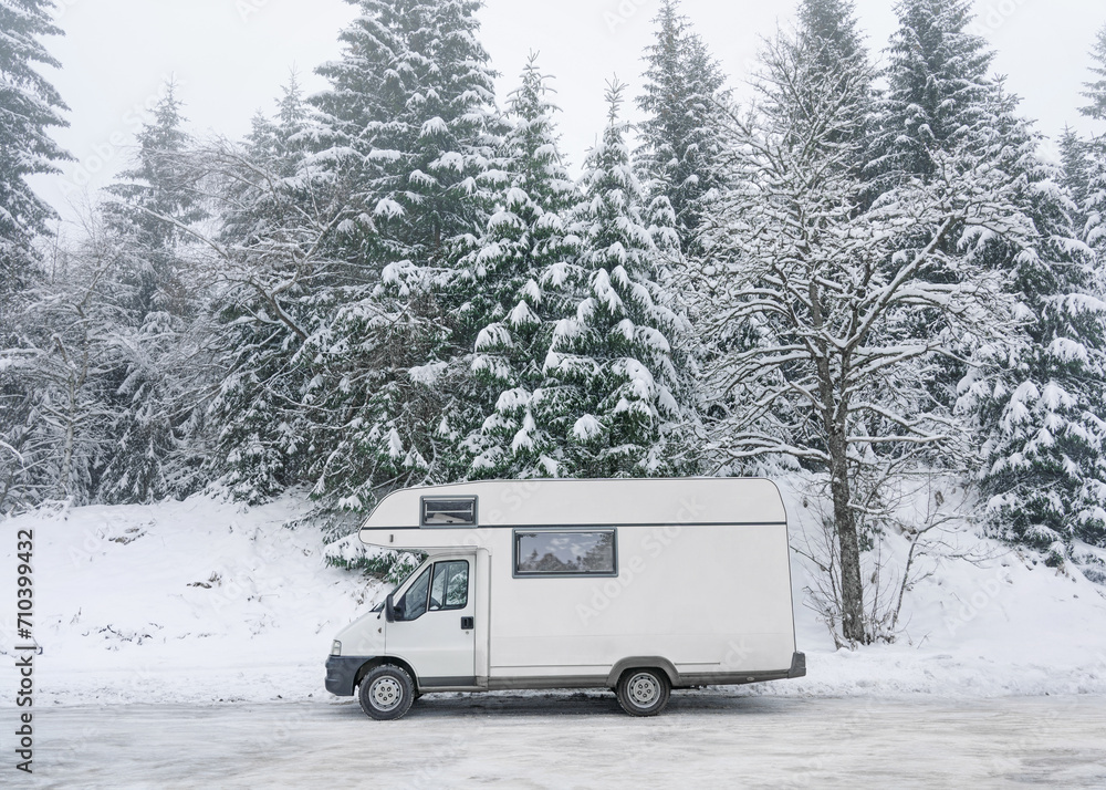  Caravan or mobile home  in Winter forest.