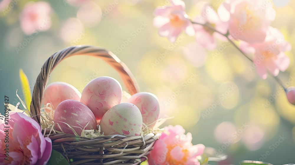 Colorful Easter eggs in a pastel basket with peony flower bokeh background under sunlight Colorful Easter eggs in a pastel basket with peony flower bokeh background under sunlight