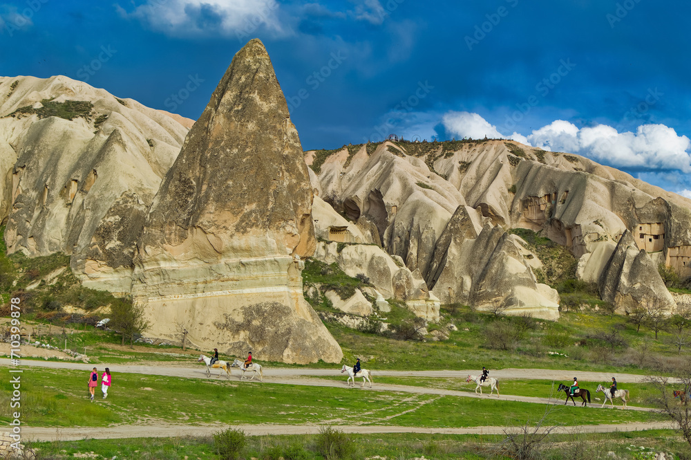Typical Cappadocia landscape soft volcanic rock, shaped by erosion in Goreme, Turkey.