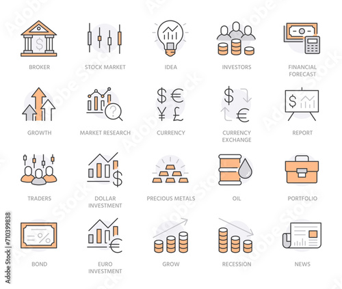 Investment line icon set. Stock market, bond, financial analysis, broker, income increase minimal vector illustration. Simple outline signs investor application. Orange Color. Editable Strokes