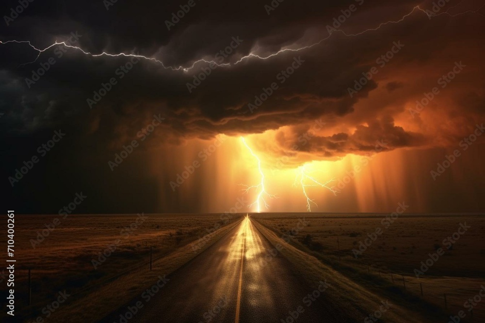 A stormy sky with a lightning bolt, a road passing through a large cloud, and a bright orange light behind a dark cloud. Generative AI