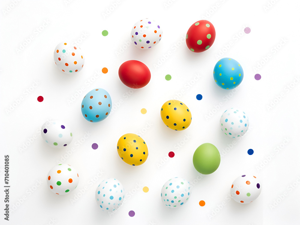 Colourful easter eggs on white background top view, Easter traditions, colored decorated eggs with dots.