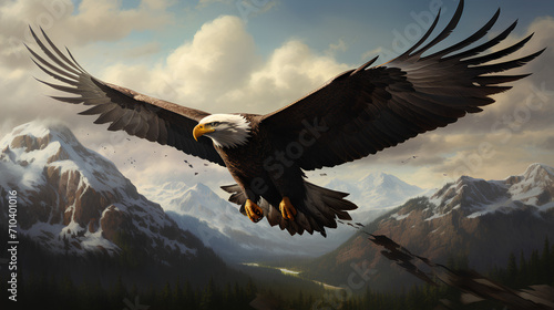 Big eagle flying in the middle of the sky, mountain background © Leokensiro