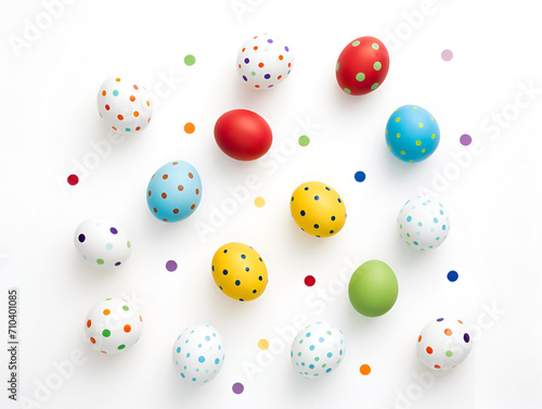 Colourful easter eggs on white background top view, Easter traditions, colored decorated eggs with dots.
