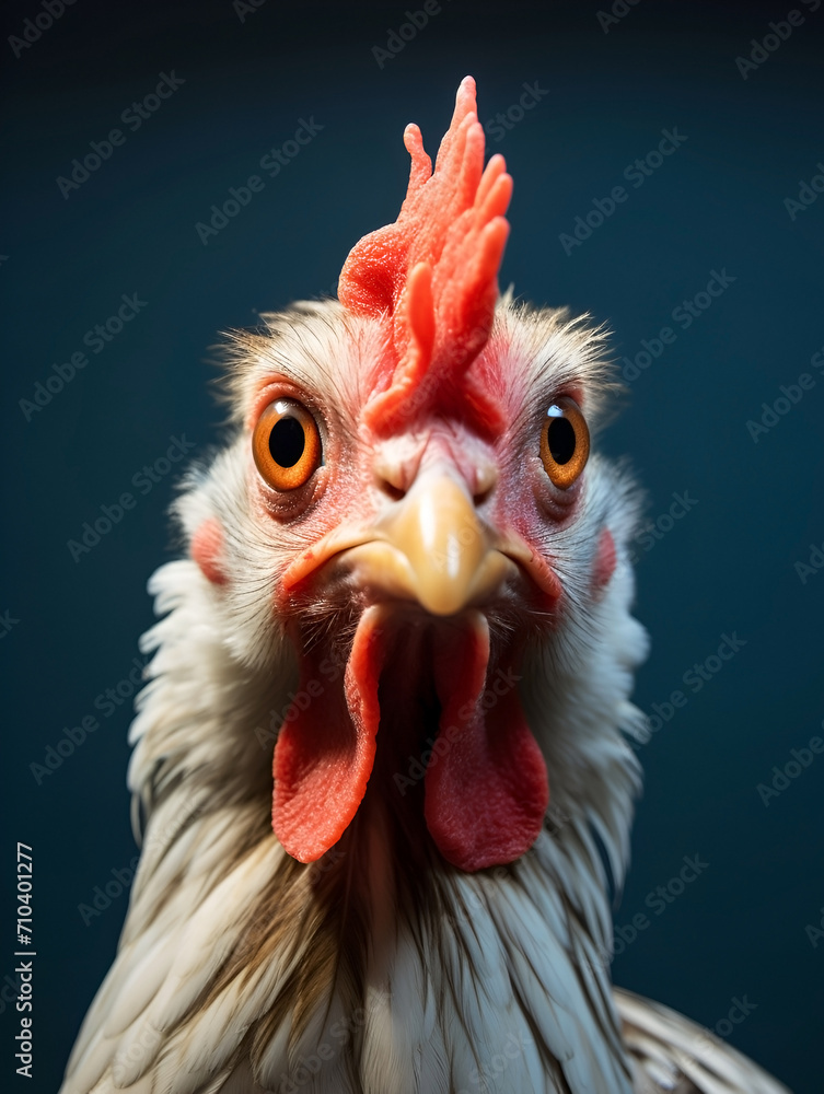 A humorous image of a chicken looking curiously at the camera