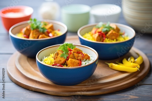 chicken tikka with saffron rice in ceramic bowls