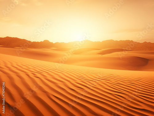Golden sand ripples at sunset. The sun sets behind the orange sandy mountains  creating an atmosphere of peace  background with copy space
