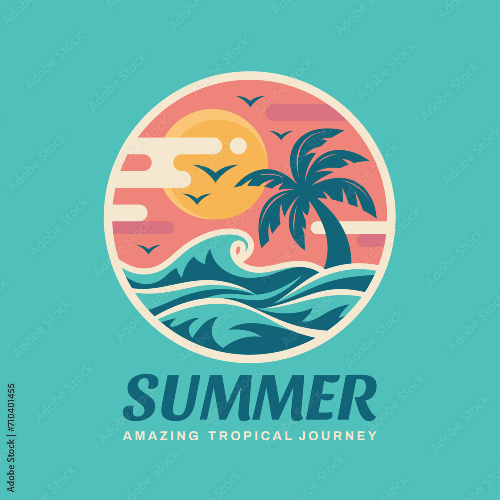 Summer tropical journey logo flat graphic design. Blue sea wave paradise vacation decorative badge logo sign. Creative t-shirt concept emblem. Vector illustration.