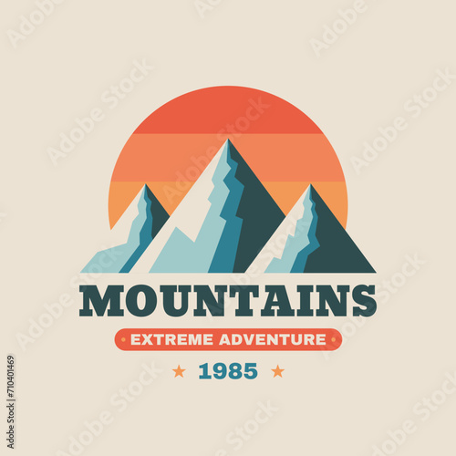 Mountain logo badge graphic design. Hiking climbing emblem. Expedition adventure outdoor logo sign. Vector illustration. Concept badge for t-shirt design.