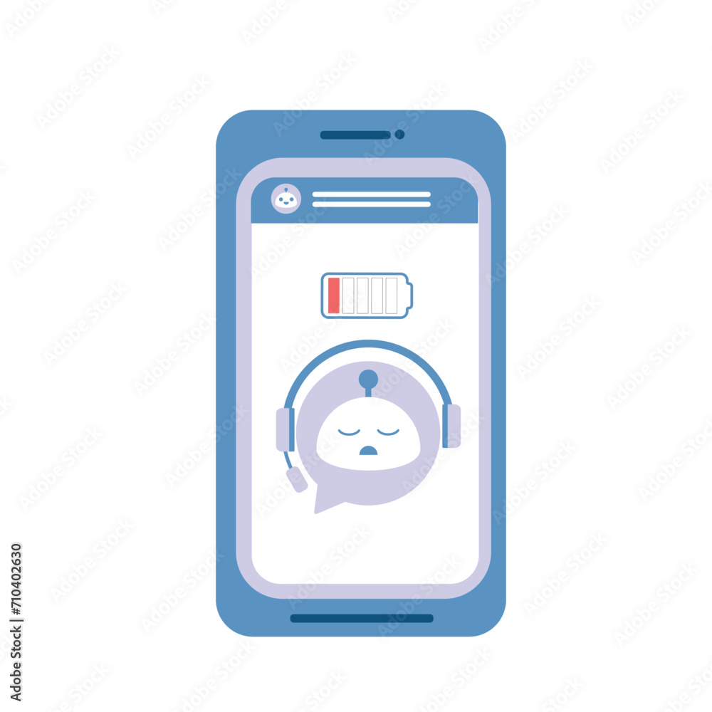 Chat Bot with low battery on smartphone. Virtual assistant Bot sleeps. Customer support service bot. Vector Chat Bot with low battery on smartphone. Virtual assistant Bot sleeps. Customer support service bot. Vector