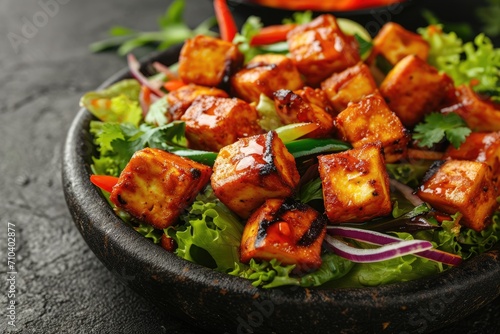 The Indian variant, called Paneer Sizzler, uses cottage cheese. Generative Ai. photo