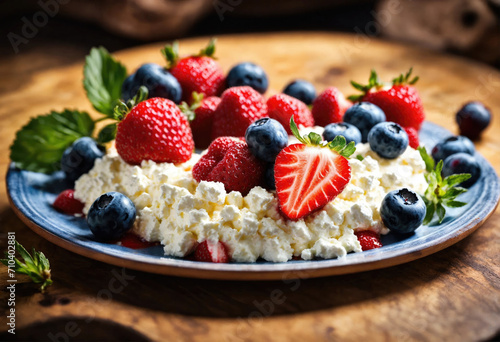 Rustic grainy cottage cheese with berries in a bowl