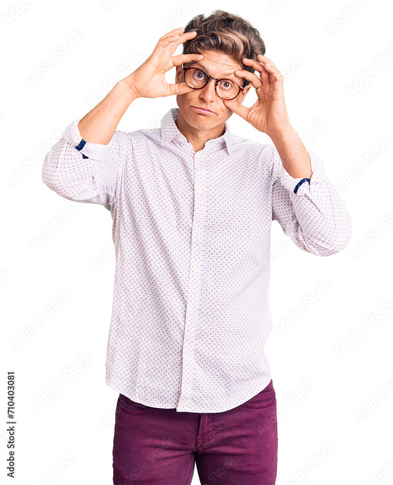 Young handsome man wearing business clothes and glasses trying to open eyes with fingers, sleepy and tired for morning fatigue Young handsome man wearing business clothes and glasses trying to open eyes with fingers, sleepy and tired for morning fatigue