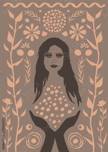 Vektor - Silhouette einer schönen Frau - Gesicht mit Elementen der Gesundheit und Achtsamkeit - Selbstliebe und Stärke