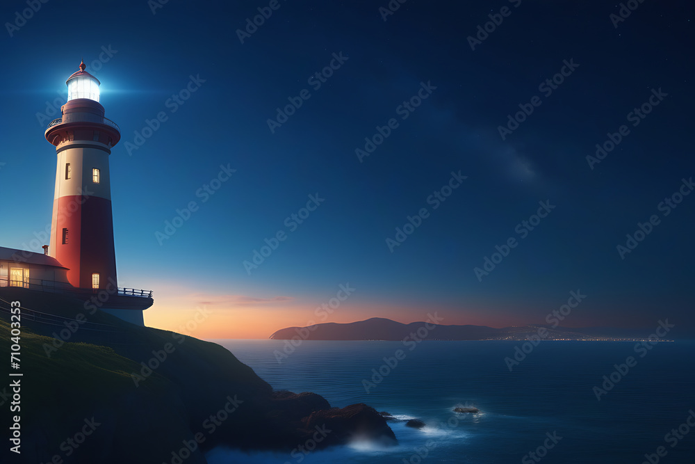 the red and white lighthouse shines at night, stands on the shore, the lights of the city are visible ahead, dark tones