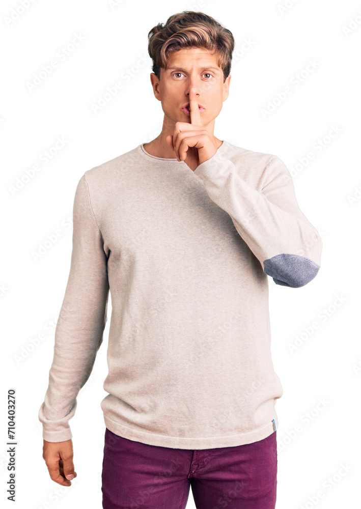 Young handsome man wearing casual clothes asking to be quiet with finger on lips. silence and secret concept. Young handsome man wearing casual clothes asking to be quiet with finger on lips. silence and secret concept.