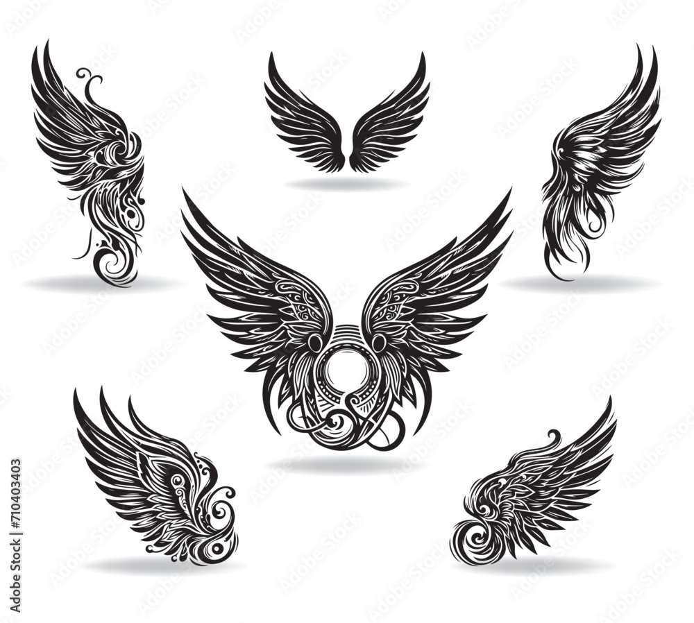 Fototapeta premium Collection of vector wings the style of engraving