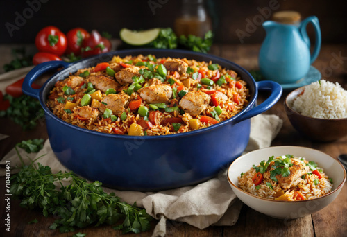 Creole jambalaya with rice, chicken meat, sausages  and vegetables on wooden background