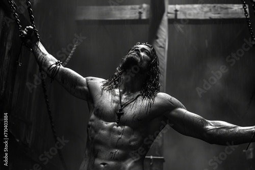 Muscular stoic jesus christ  christus black and white.