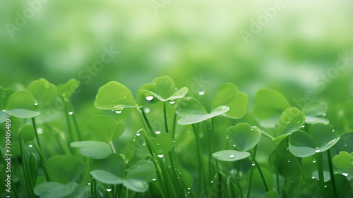 morning in the forest, fresh shoots shamrock in dew drops, forest sour green background nature
