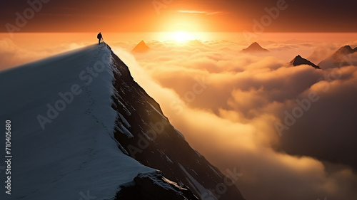 figure of a man on the way to a mountain peak at dawn, against the background of an incredible rocky landscape in dawn colors, the concept of the path to success, achievement in business photo