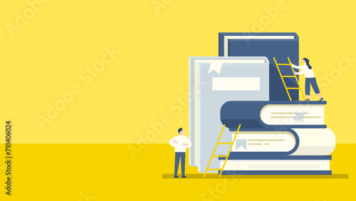 flat design illustration of books and people photo