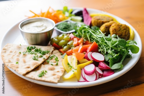 falafel platter with tahini, pita, and veggies