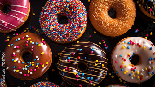 close up horizontal image of a selection of colourful donuts AI generated