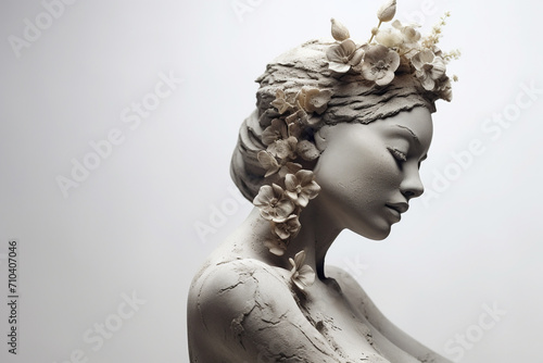 Girl statue made of concrete with flowers on her head. Gray background.