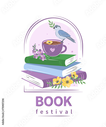 Book festival. Layout design for bookstore, library. Books with spring flowers. Vector illustration