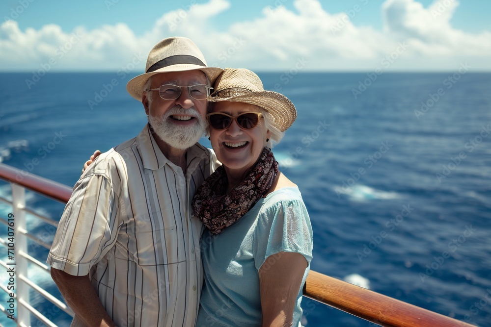 sailing, age, tourism, travel and people concept - happy senior couple hugging on cruise ship deck floating in sea