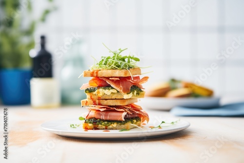 focaccia sandwiches stacked with prosciutto and arugula photo